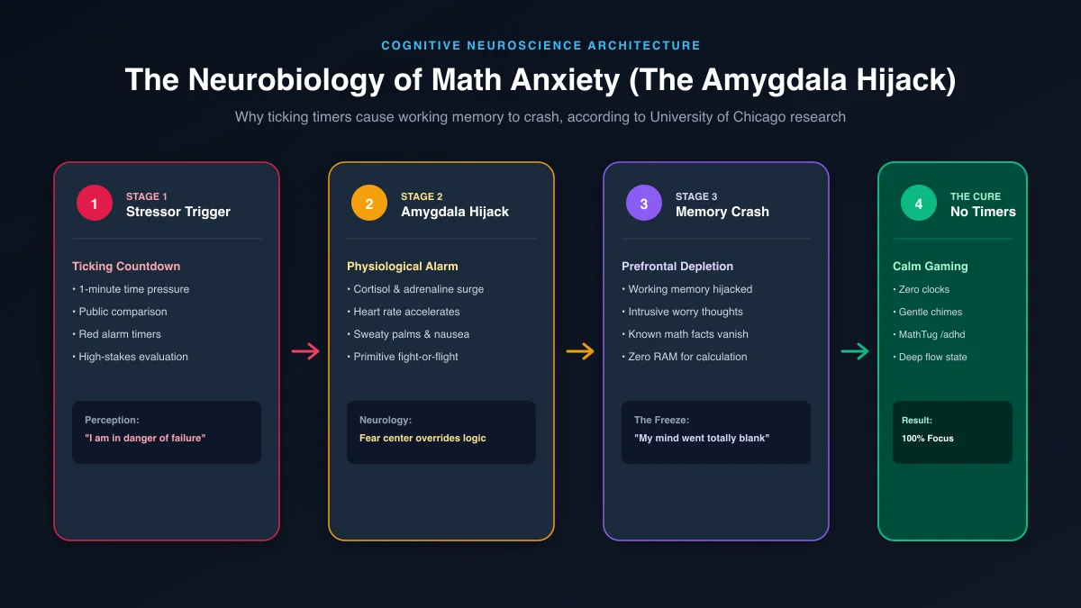 The 4-stage neuroscience workflow of math anxiety: Stressor Trigger to Amygdala Hijack, Prefrontal Depletion, and the Untimed Cure