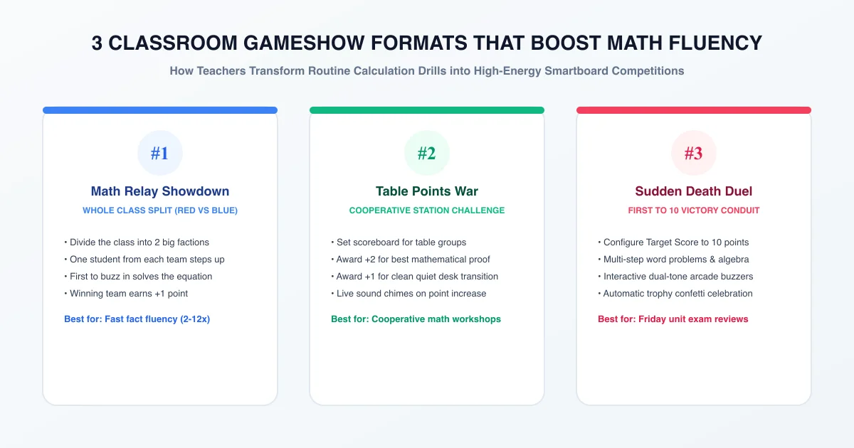 3 Classroom Gameshow Formats That Boost Math Fluency infographic: Math Relay Showdown, Table Points War, and Sudden Death Duel