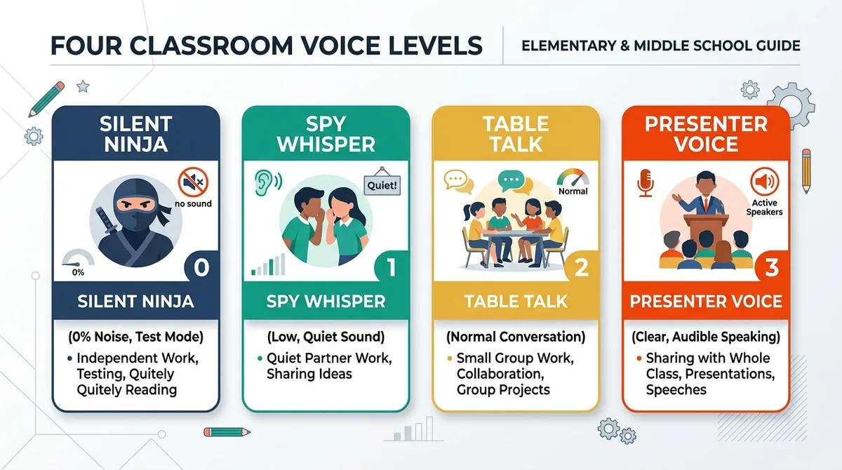 Four Classroom Voice Levels infographic showing Level 0 Silent Ninja, Level 1 Spy Whisper, Level 2 Table Talk, and Level 3 Presenter Voice