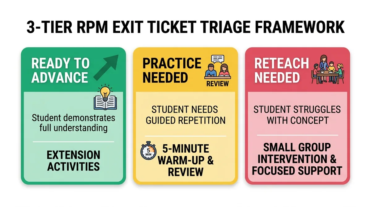 3-Tier RPM Exit Ticket Triage Framework infographic showing Ready to Advance, Practice Needed, and Reteach Needed tiers