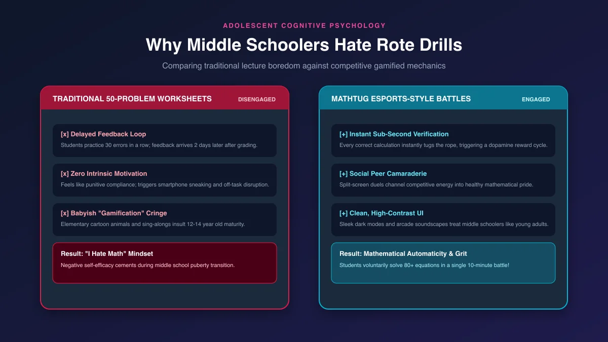 Adolescent psychology comparison: Traditional drill boredom vs MathTug esports-style gamified mechanics