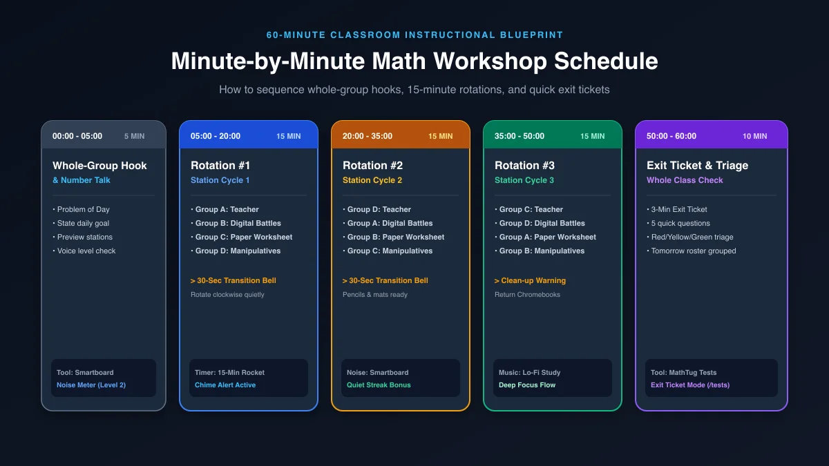 Minute-by-minute 60-minute math workshop schedule from whole-group hook to 15-minute station rotations and exit tickets