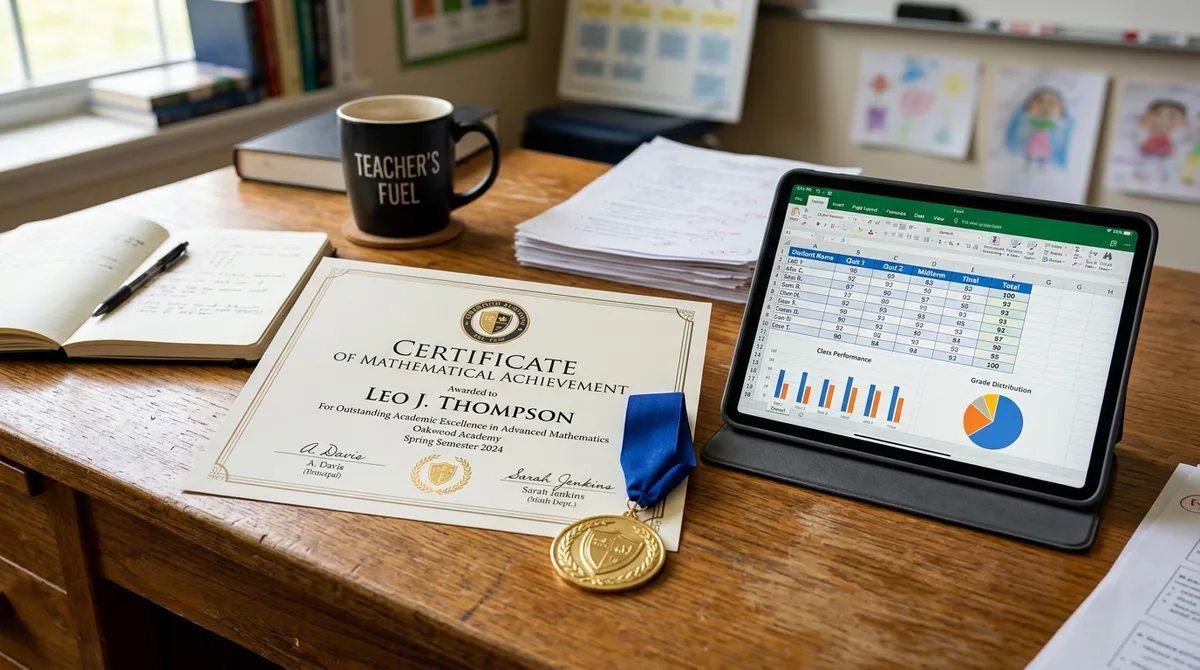 Teacher workspace with official printed Certificate of Mathematical Achievement and tablet showing exported CSV gradebook spreadsheet