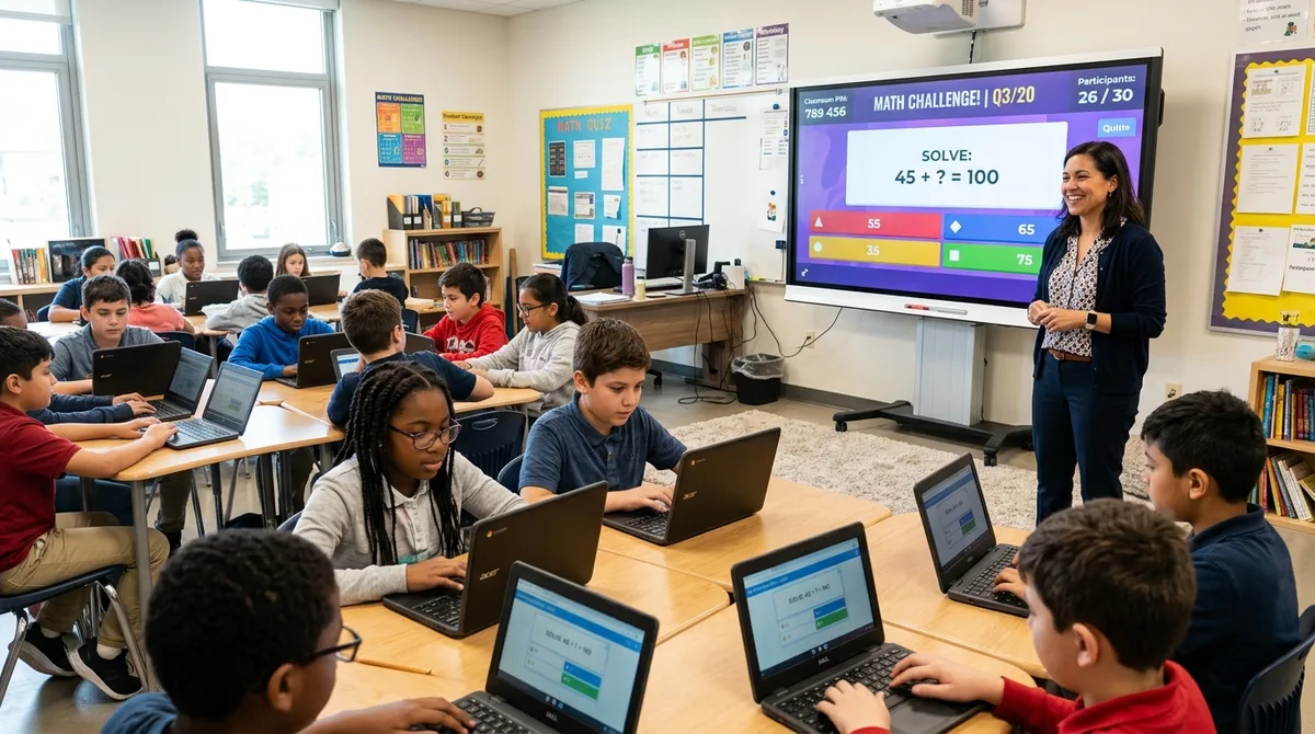 Elementary and middle school classroom using MathTug online quiz maker with smartboard and Chromebooks