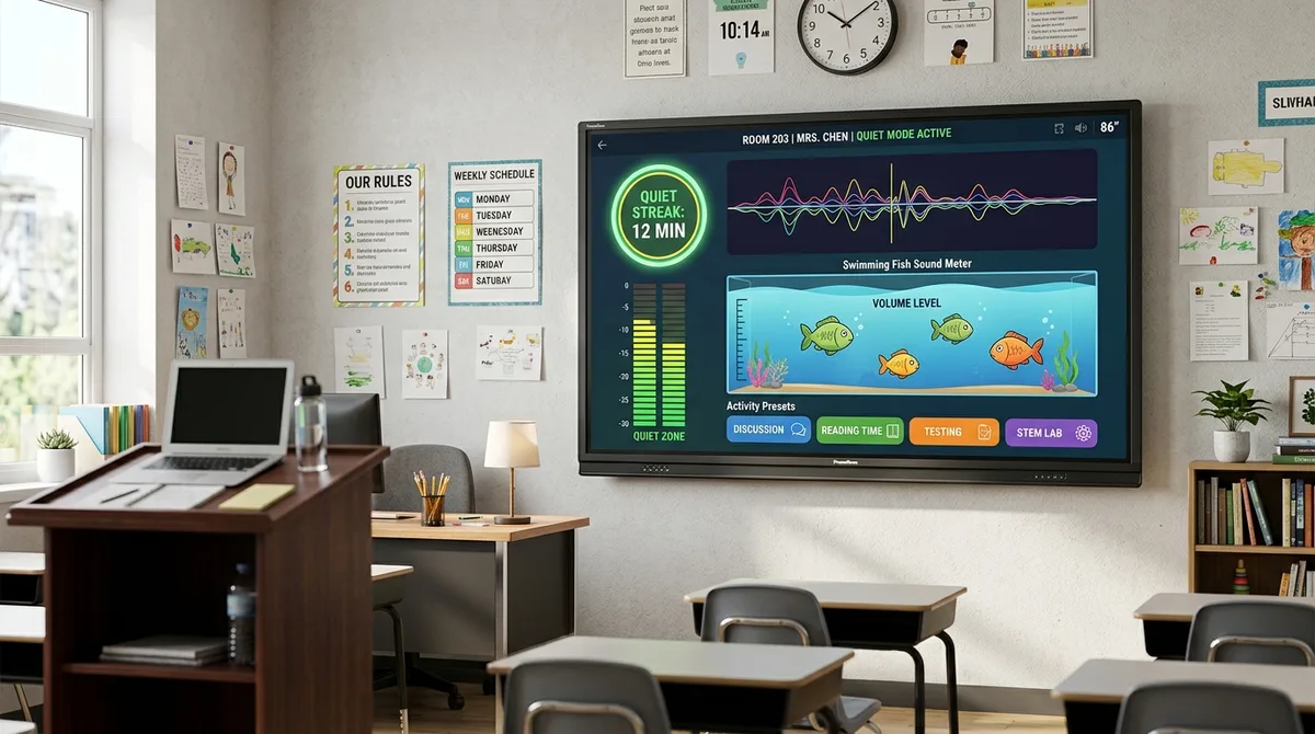 Close up of interactive smartboard displaying MathTug noise meter with quiet streak counter, swimming fish visualizer, and activity preset buttons