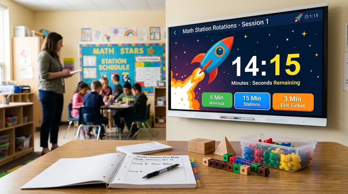 Smartboard displaying MathTug classroom timer with rocket blastoff theme and 1-click station rotation presets