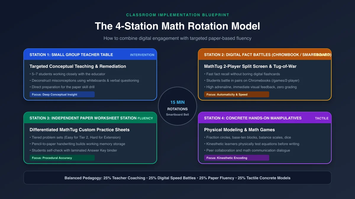 4-station math rotation diagram: Teacher table, digital battles, paper worksheet, and concrete manipulatives