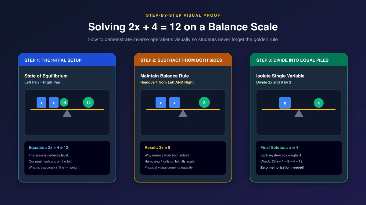 3-step visual proof solving 2x + 4 = 12 on an interactive balance scale
