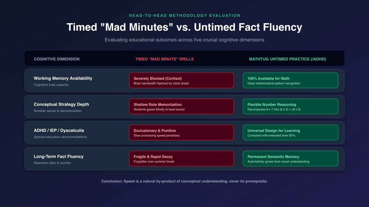 Head-to-head methodology evaluation: Timed Mad Minutes vs MathTug Untimed Practice across 5 cognitive dimensions