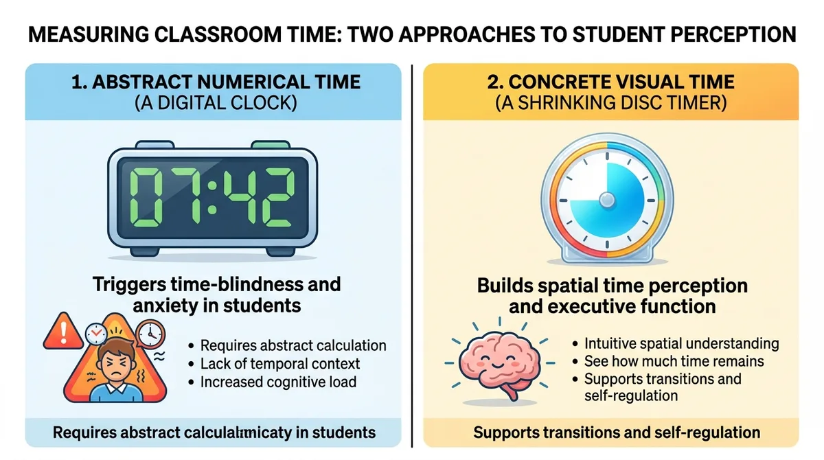 Educational psychology infographic comparing abstract numerical digital clock with concrete visual shrinking disc timer