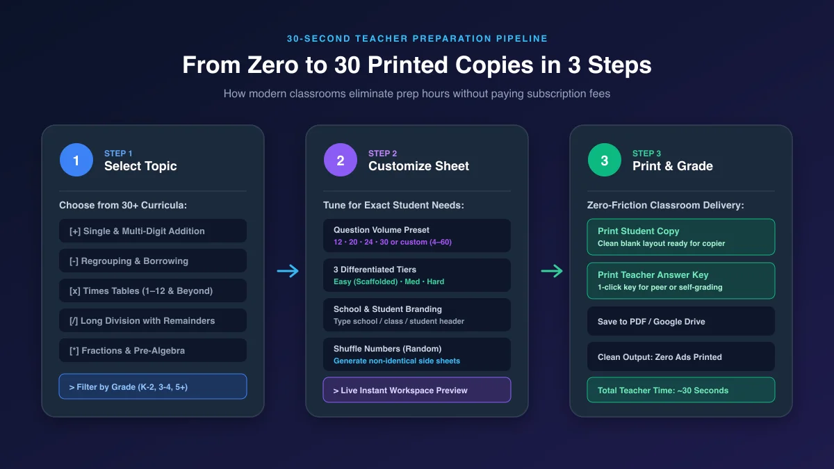 3-step teacher workflow infographic: Choose Topic, Customize Sheet, Print and Grade in 30 seconds